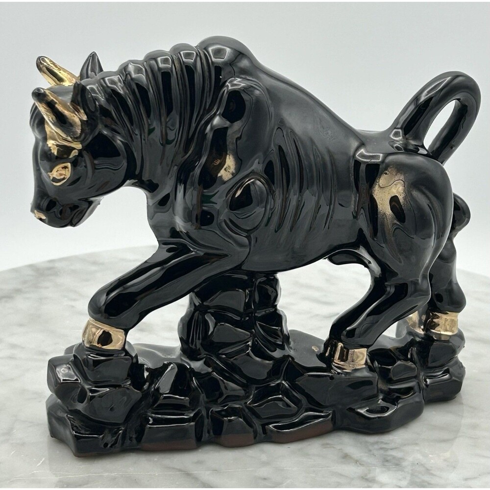 Vtg MCM Japanese Bull Pottery Black & Gold Hand Painted Accents Red Clay - Picture 3 of 8